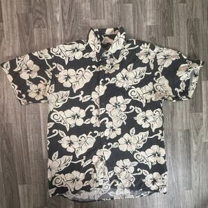 Hawaiian Silk Co 100% Silk Black & Cream Floral Camp Shirt Men’s